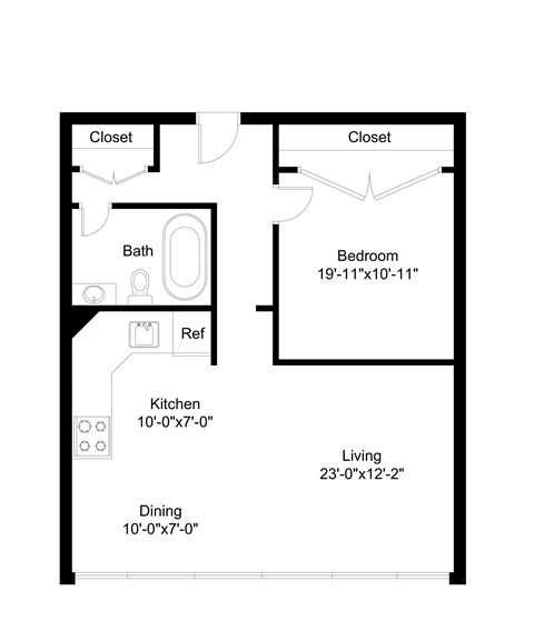 Floor plan for 1 bed, 1 bath, 565 sqft